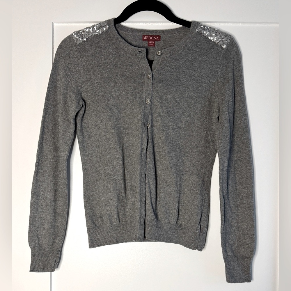 merona / grey button up cardigan sweater with silver sequins size XS